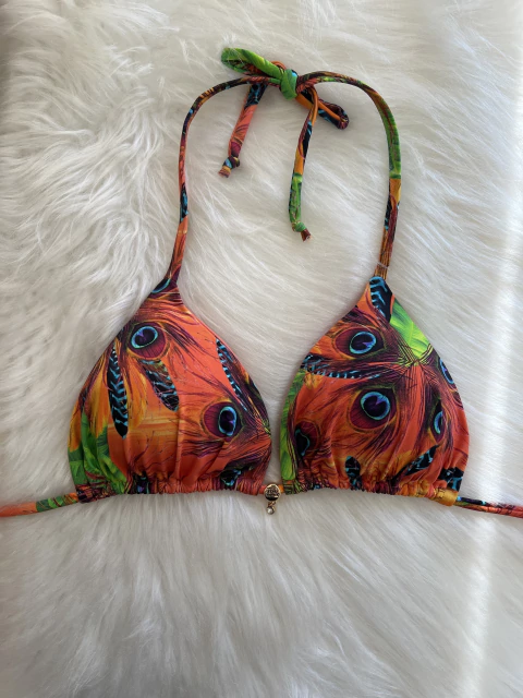 Biquíni cortininha fundo laranja com penas