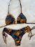 Conjunto top + calcinha fio duplo regulável folhas laranja e azul marinho verão 2026 - Flor Morena