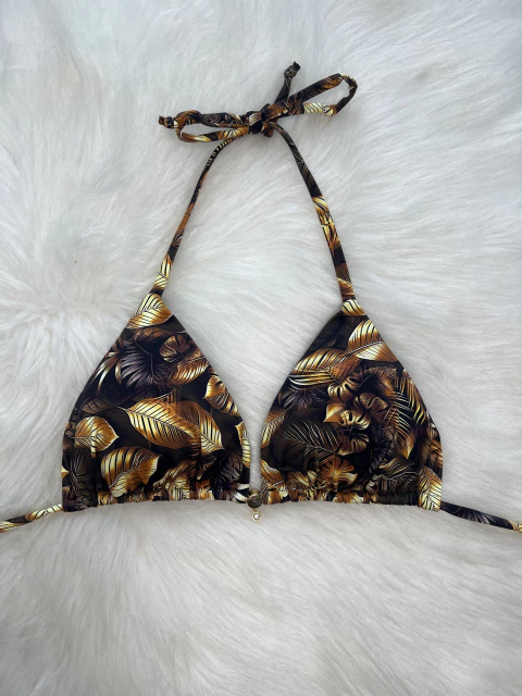 Biquíni cortininha folhas douradas verão 2026