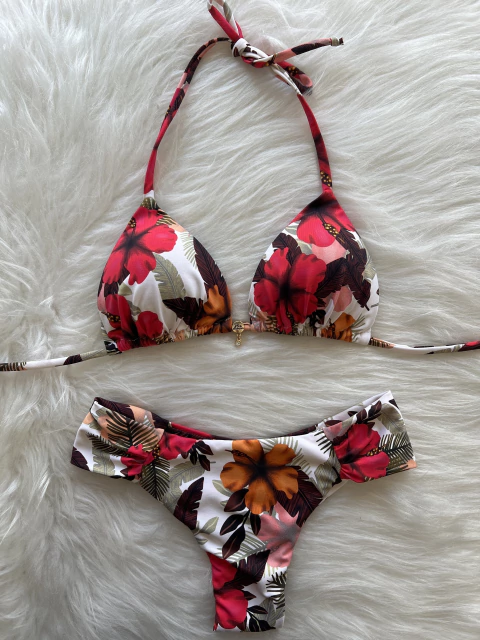 Biquíni cortininha com calcinha bor/ fio flores vermelha