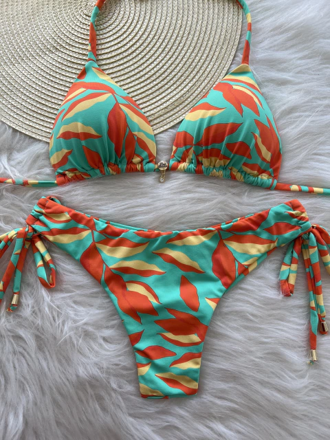 Conjunto cortininha com calcinha fio duplo regulável estampa verde c/ laranja