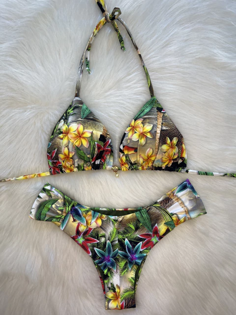 Conjunto top cortininha + calcinha fio duplo borboleta estampa floral pássaro - comprar online