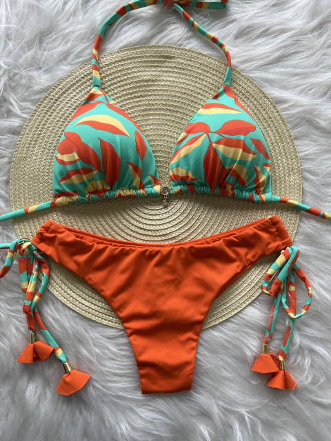 Conjunto cortininha com calcinha fio duplo regulável estampa verde c/ laranja