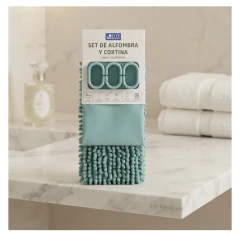 Set de baño cortina + alfombra + ganchos plásticos