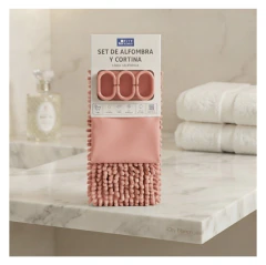 Set de baño cortina + alfombra + ganchos plásticos - comprar online