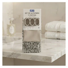Set de baño cortina + alfombra + ganchos plásticos en internet