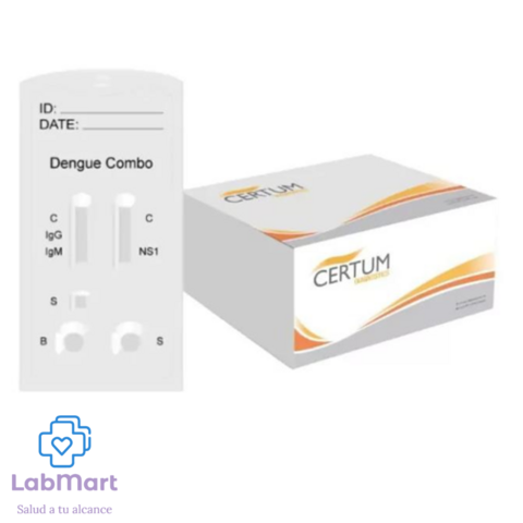 Prueba Rápida Dengue IgG + IgM + NS1 CERTUM. Caja con 25 tests. Detecta fase activa e inmune. Ideal para brigadas médicas y diagnóstico clínico.