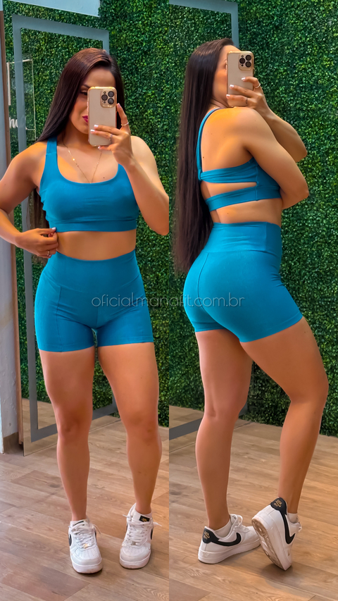 0010322 - Conjunto short premium Abigail - top nó, cós alto, montaria| Tecido: Wonder de poliamida ( CANELADO, cintilante, textura, compressão)
