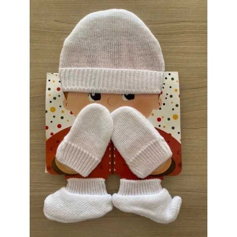 Kit de gorro e luvas recém nascido em tricot branco