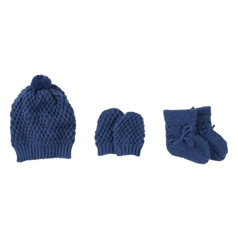 Kit de gorro e luvas recém nascido em tricot Azul Jeans - comprar online