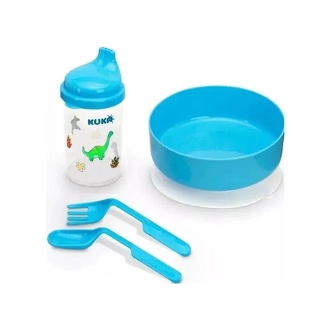 Kit Alimentação Infantil 4 Peças - Prato, Colher, Garfo e Copo Kuka Azul Dino