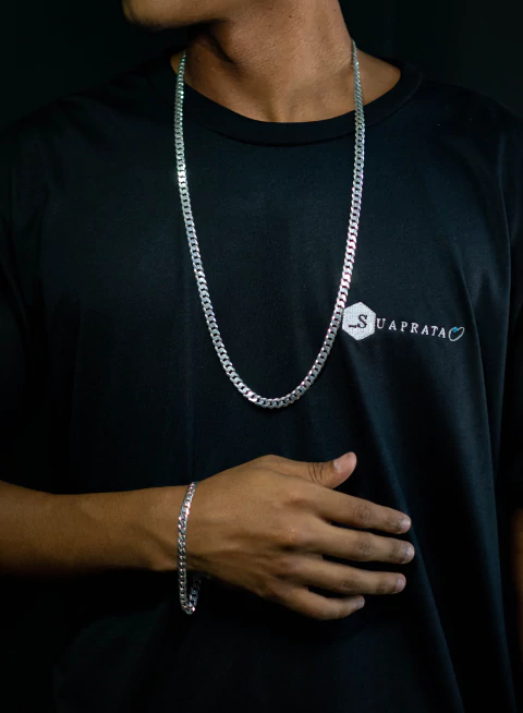 KIT CORRENTE + PULSEIRA ESCAMADO 7MM 80CM - PRATA LEGITIMA