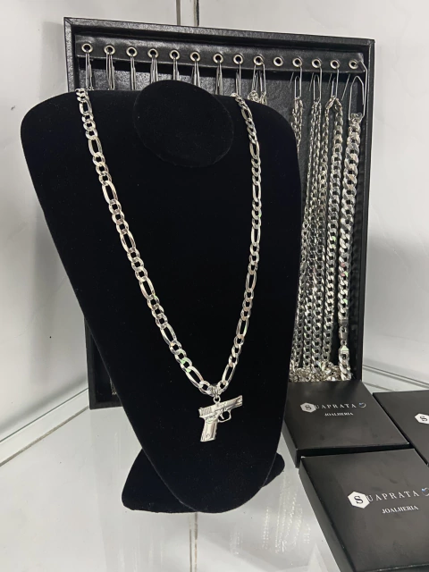 CORRENTE 3X1 9MM + PINGENTE PISTOLA - PRATA LEGITIMA