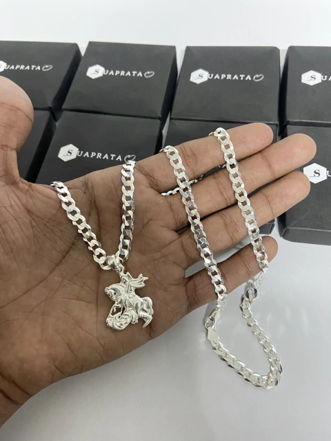 CORRENTE ESCAMADA 6MM 70CM + PINGENTE SÃO JORGE - PRATA LEGITIMA