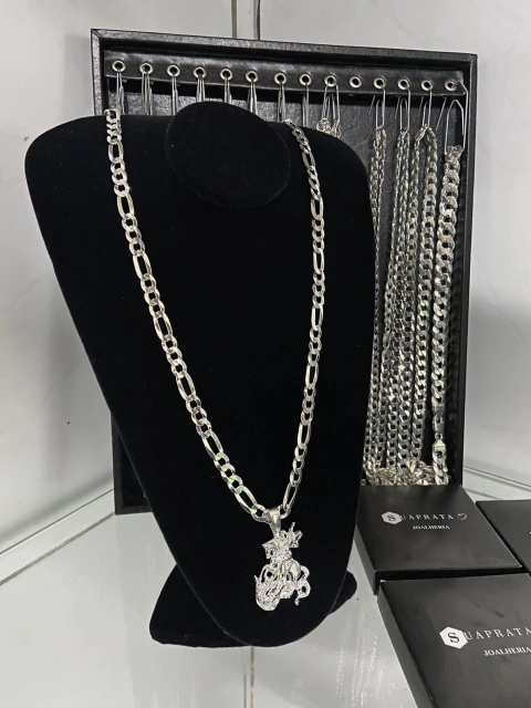 CORRENTE 3X1 9MM + PINGENTE SÃO JORGE G - PRATA LEGITIMA