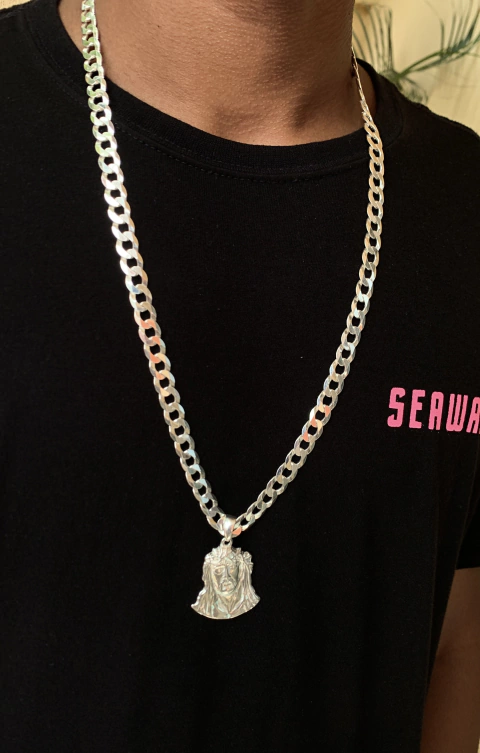 CORRENTE ESCAMADA 9MM 70CM + PINGENTE FACE JESUS - PRATA LEGITIMA