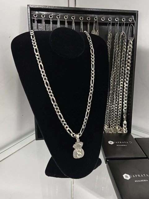 CORRENTE 3X1 9MM + PINGENTE BOLSA DINHEIRO - PRATA LEGITIMA