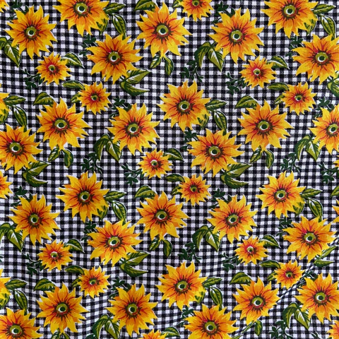 Tricoline Poliana Estampado 1 Metro - Girassol Fundo Xadrez Preto - comprar online