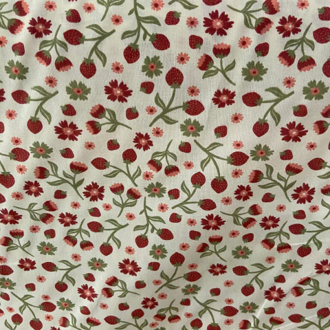 Tricoline Poliana Estampado 1 Metro - Morango E Flores Fundo Creme - comprar online