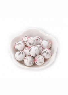 Bolita de silicona estampada 15mm blanca flores