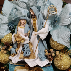 Guirlanda de Natal 50cm sagrada família dourada com azul - Loja Receba com Carinho