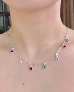 colar chocker zirconias coloridas rainbow PRATA 925 40 cm - berloque da nina