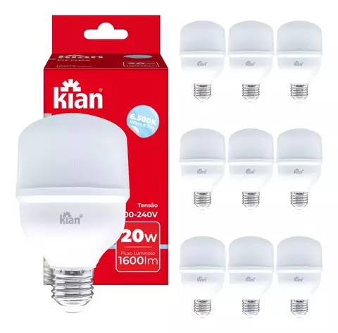 Kit 10 Lâmpadas Kian Led Bulbo 20w 6500k Bivolt