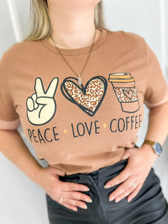 T-Shirt Peace, Love & Coffe 100% algodão