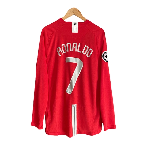 camisa-manchester united-red devils-vermelha-2007-2008-2009-07-08-09-cristiano ronaldo-cr7-goat-7-patch-campeão-champions league-personalizada-personalização-personalizar-premier league-manga longa