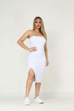 Vestido Tomara Que Caia Midi Tubinho Modelador Fenda Lateral