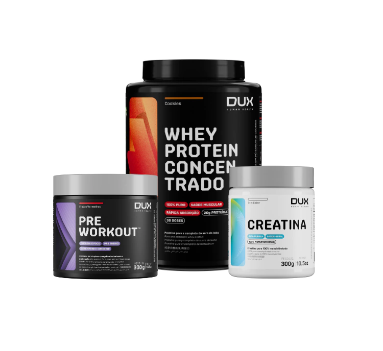 COMBO: WHEY PROTEIN CONCENTRADO 900G + PRE WORKOUT 300G (SABORES) + CREATINA MONOHIDRATADA 300G - DUX