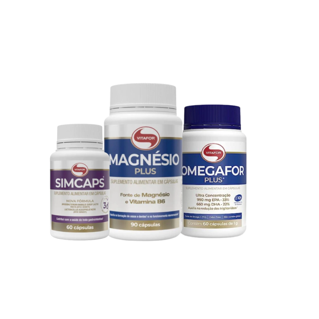 COMBO: 1 MAGNÉSIO PLUS (90CAPS) + 1 ÔMEGA FOR PLUS (60CAPS) + SIMCAPS (60CAPS) - VITAFOR
