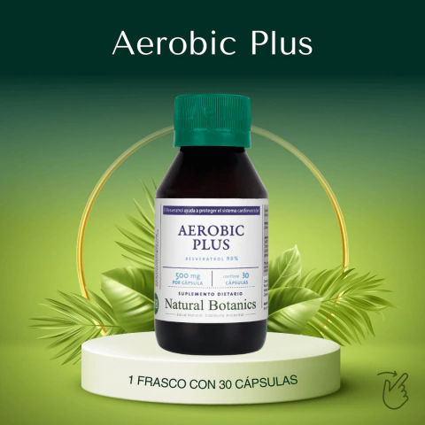 Frasco de suplemento dietario Aerobic Plus con 30 cápsulas de resveratrol 98% de Natural Botanics