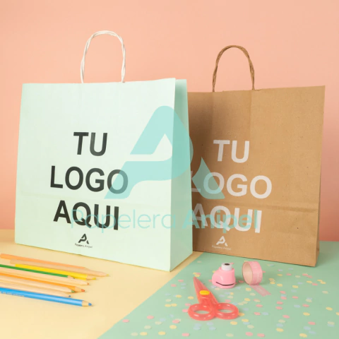 bolsas de papel con logo blanca y madera - comprar online
