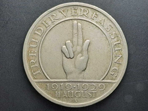 Alemanha, República de Weimar, 5 Reichsmark, 1929A, Comem. 10º aniversário da Constituição de Weimar, prata 500, 25gr, 36mm - comprar online