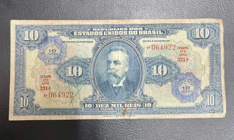 C003 - Cédula de 10 Cruzeiros, 1942, MBC, carimbo rosácea sobre 10 mil Réis, 171x80mm