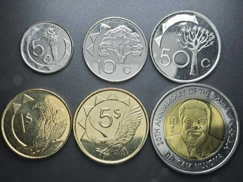 Namíbia, set completo 6 moedas, de 5 cent a 5 dólares, incluso 10 dólares Comem. 200 anos Banco da Namíbia, 2010-2023, FC - comprar online