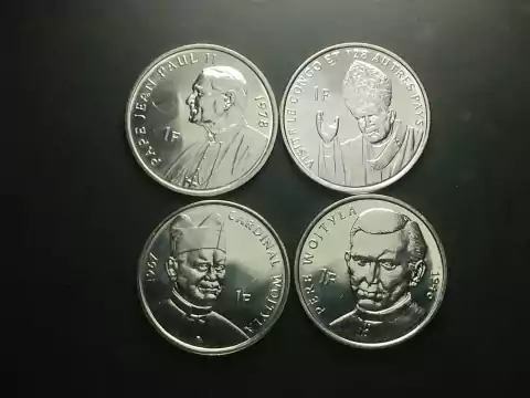 República Democrática do Congo, set com 4 moedas de 1 Franco, 2004, FC, Comemorativas 25 anos pontificado do Papa João Paulo II, níquel, 24,8mm