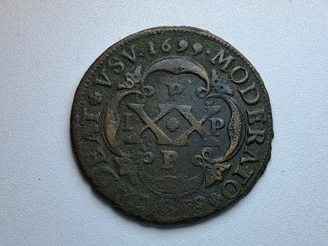 C017 - Moeda de XX réis, 1699, MBC, cobre, 36mm