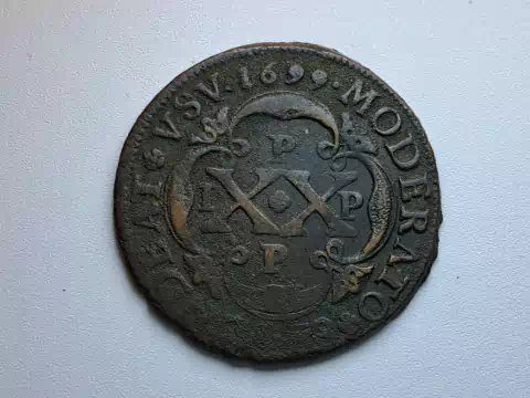 C017 - Moeda de XX réis, 1699, MBC, cobre, 36mm