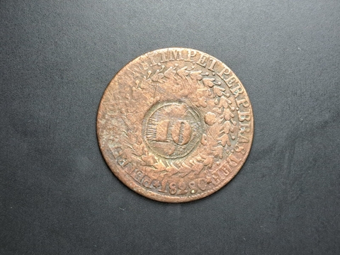 C713 - Moeda de 40 réis de 1828C, MBC, com carimbo geral de 10, cobre, 30mm