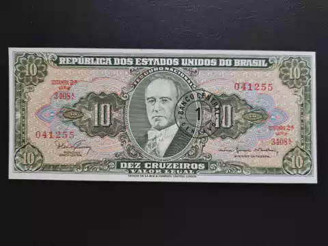 C114 - Cédula de 10 cruzeiros, carimbo 1 centavo, de 1967, FE "MINISTRO"