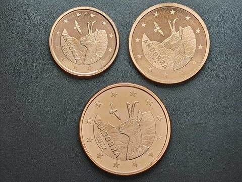 Andorra, set com 3 moedas de 1, 2 e 5 centavos de Euro, 2017-2022, FC
