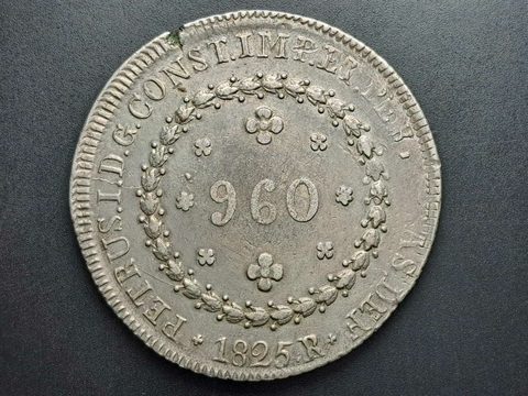 P506 - Moeda de 960 réis de 1825R, Sob, sobre 8 Reales México, prata, 26,89gr, 40mm