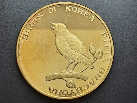 Coréia do Norte, 1 won, 2001, FC "Proof", Comem. Aves da Coréia - Pitta Indiana, latão, 28,1gr, 40mm