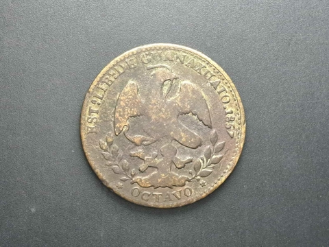 México, 1/8 real, 1857, Martelo batendo no reverso, latão, 25mm
