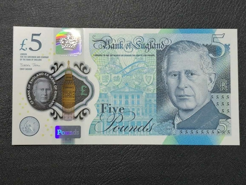 Reino Unido, cédula de 5 pounds, 2023, FE, Polímero, Rei Charles III