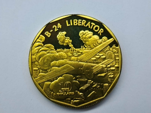 Ilhas Marshall 10 Dólares, 1991, FC, Série: Aeronaves da Segunda Guerra Mundial, Consolidated B-24 Liberator, latão 34,5mm