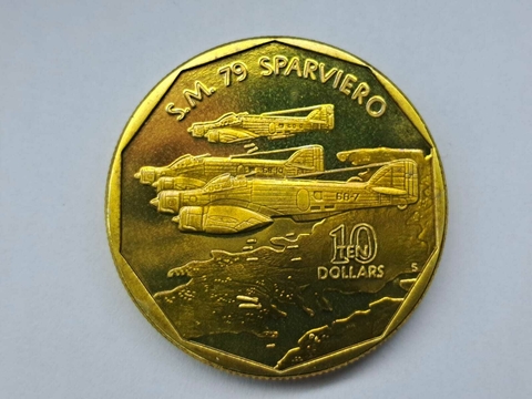Ilhas Marshall 10 Dólares, 1991, FC, Série: Aeronaves da Segunda Guerra Mundial, Savoia-Marchetti SM.79 Sparviero, latão, 34,5mm