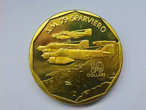 Ilhas Marshall 10 Dólares, 1991, FC, Série: Aeronaves da Segunda Guerra Mundial, Savoia-Marchetti SM.79 Sparviero, latão, 34,5mm